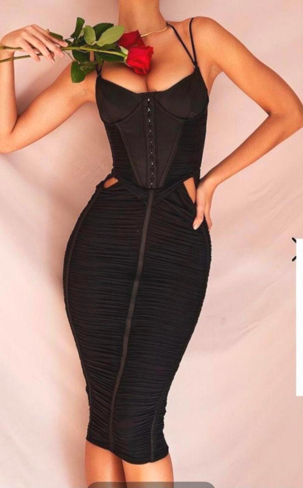 Nwot Love Highlight Black Ruched Midi Dress with Corset H29