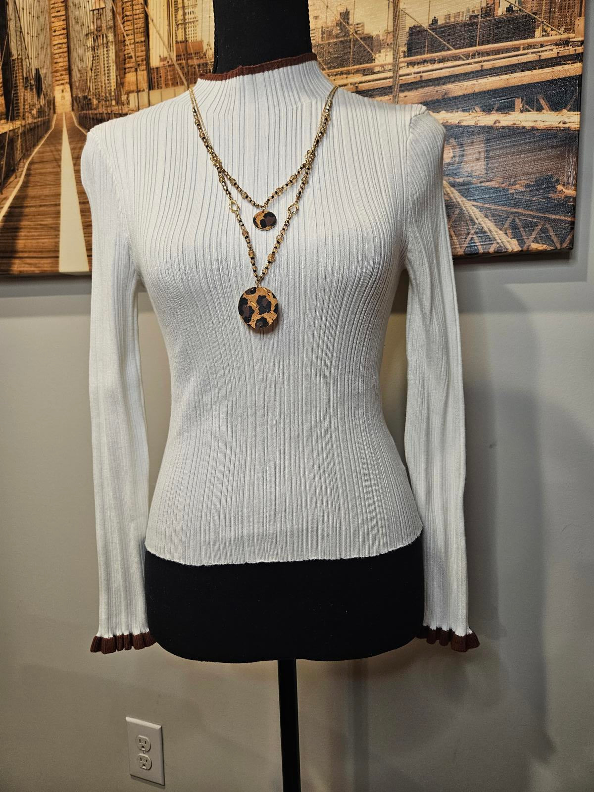 Molly Green White Ribbed Sweater with Brown Accents #473