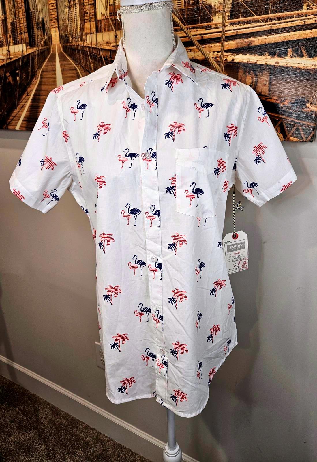 Men's Rugby University Patriotic Flamingo Print Shirt - Size SM 1008