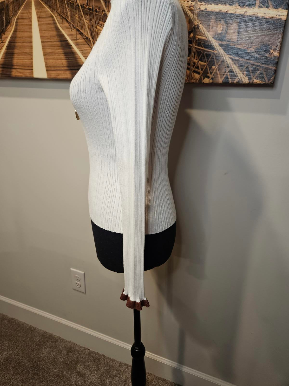 Molly Green White Ribbed Sweater with Brown Accents #473