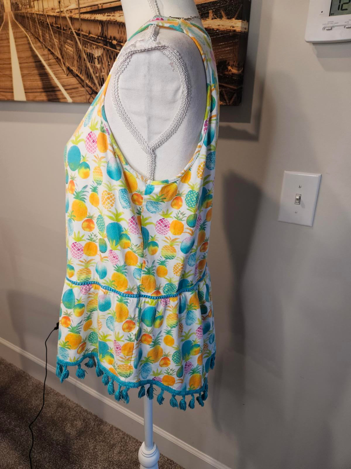 Crown & Ivy Colorful Pineapple Print Tank Top with Tassels #136