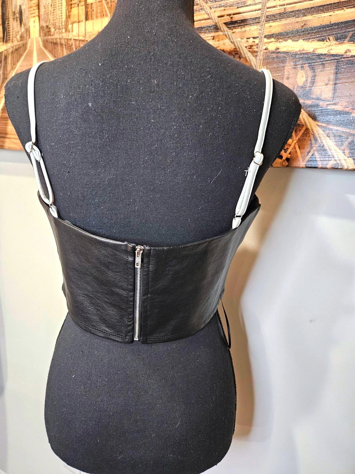 Molly Green Cropped Leather Color Block Top b69