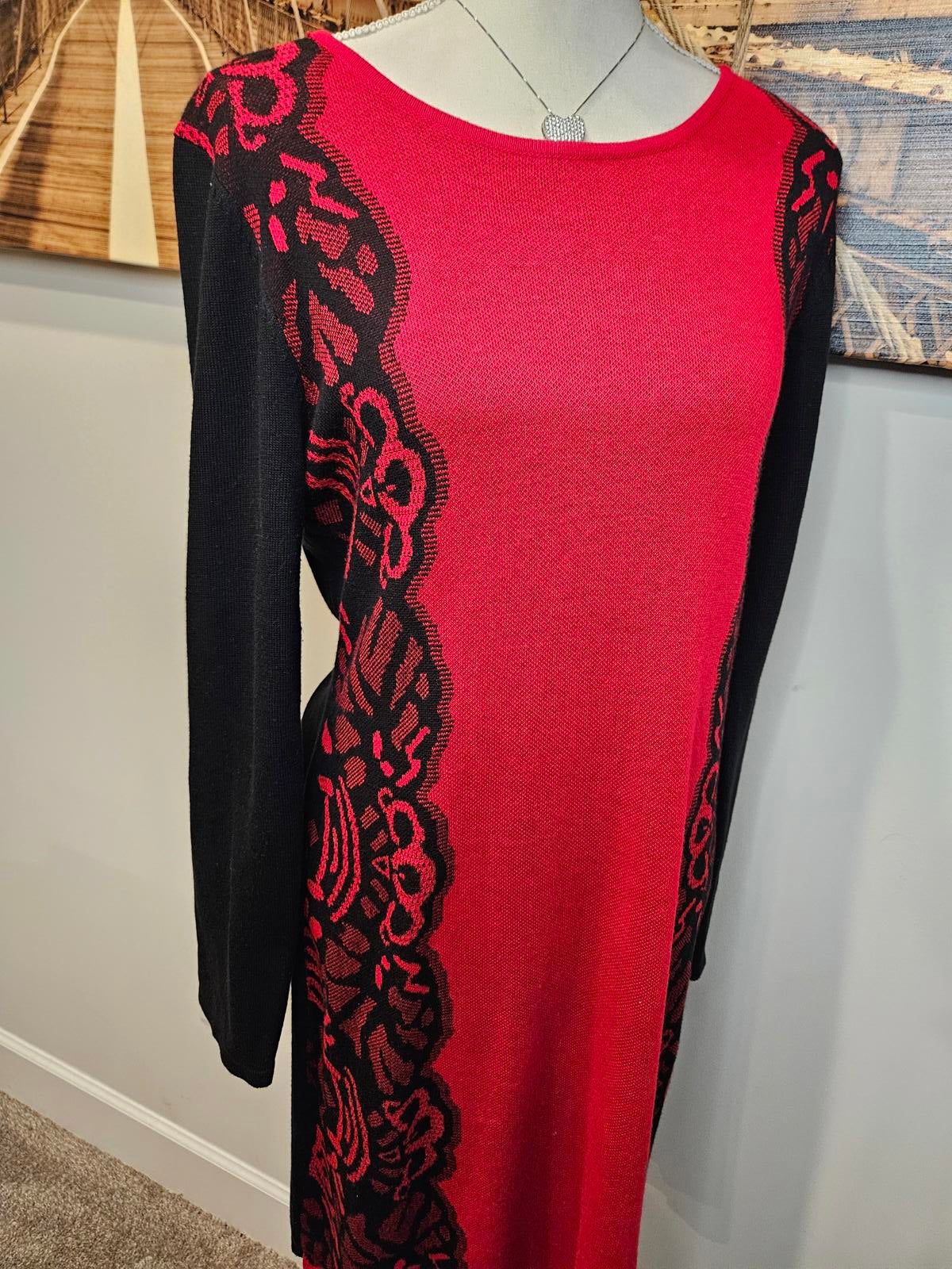 London Times Red & Black Long Sleeve Sweater Dress #352