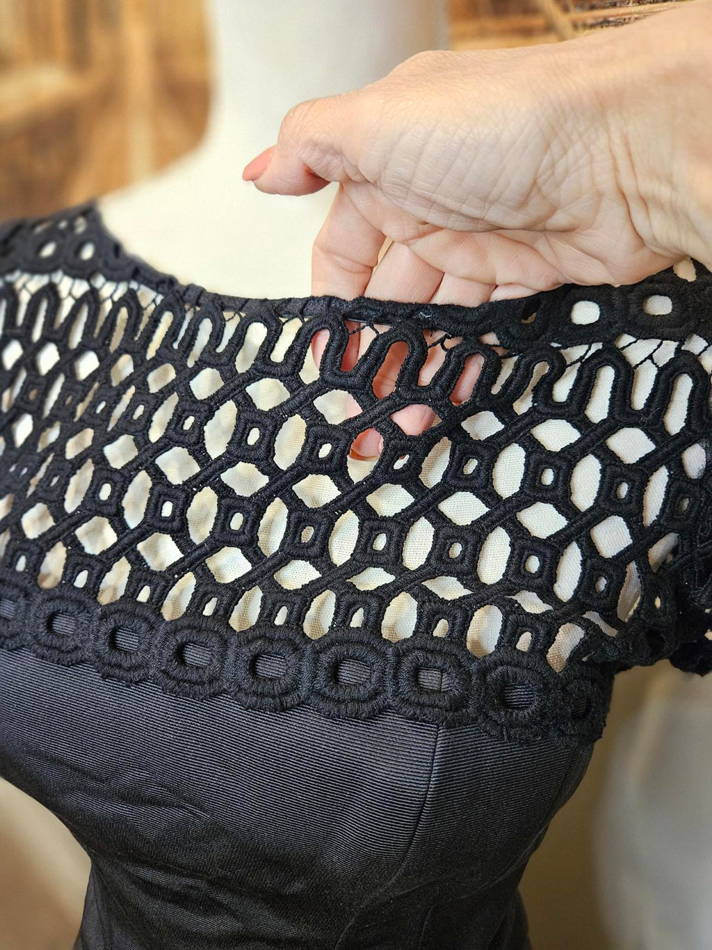 Lela Rose Elegant Black Dress with Crochet Lace Detail #H63
