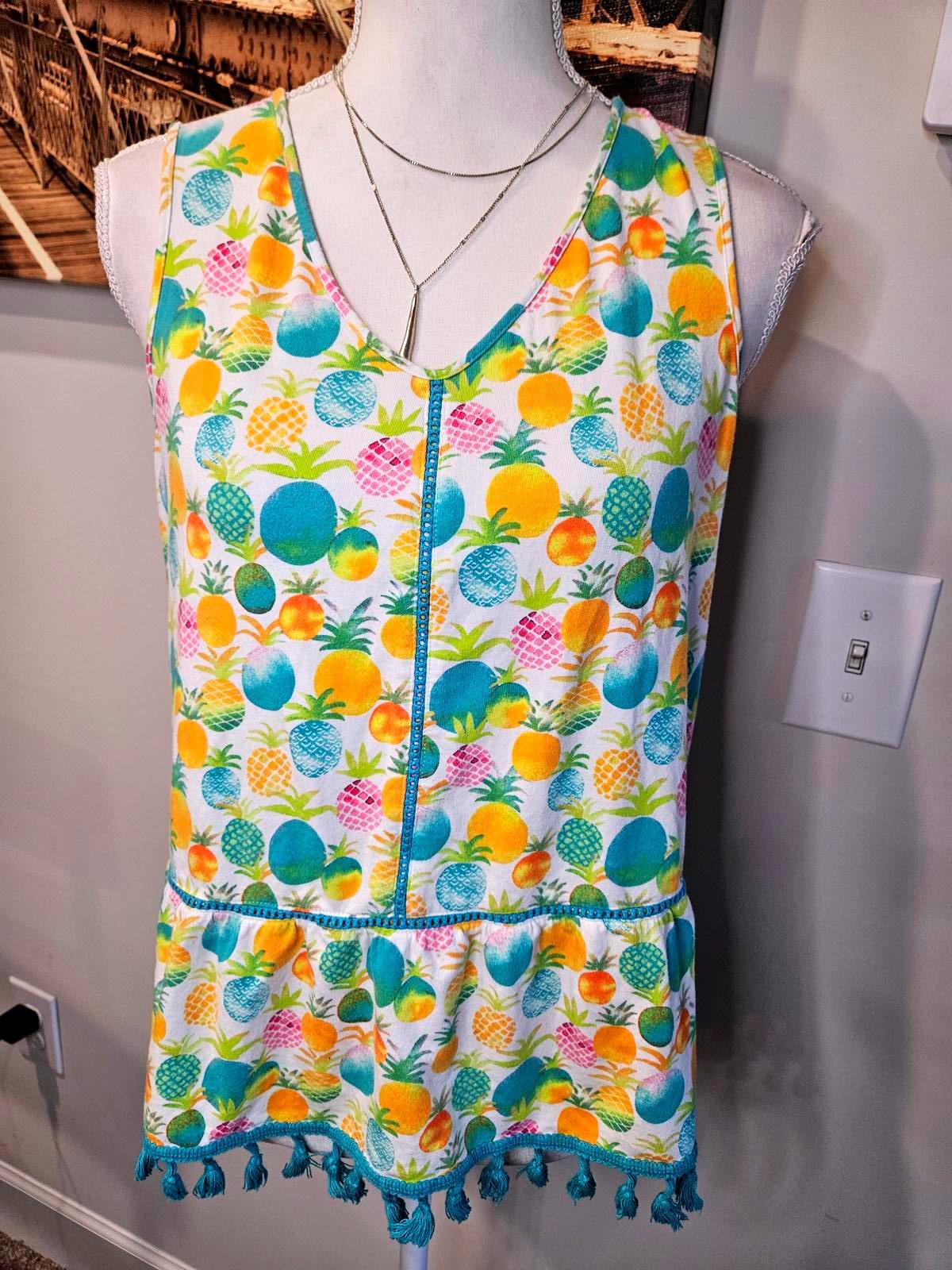 Crown & Ivy Colorful Pineapple Print Tank Top with Tassels #136