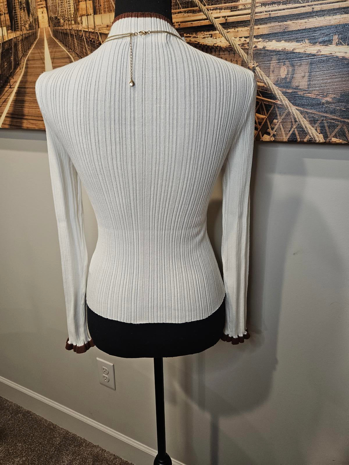 Molly Green White Ribbed Sweater with Brown Accents #473