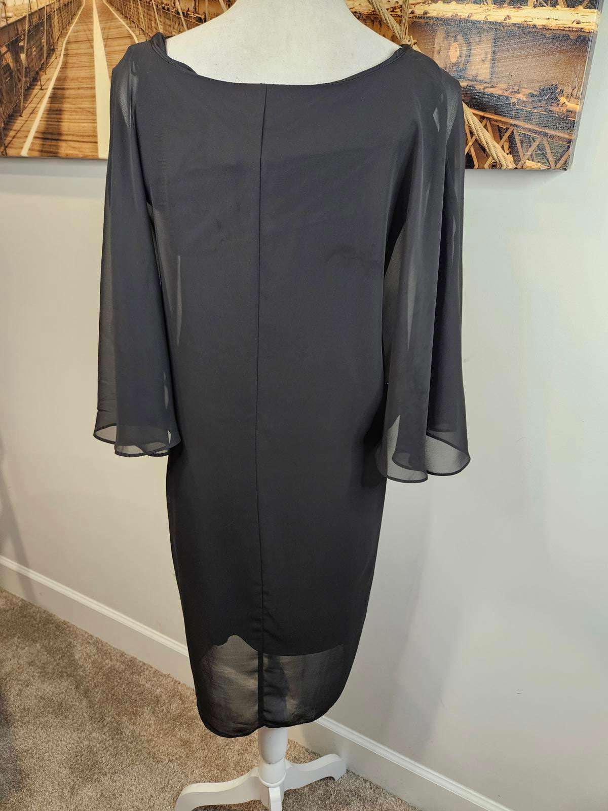 MSK Elegant Black Chiffon Dress with Beaded Brooch 1087