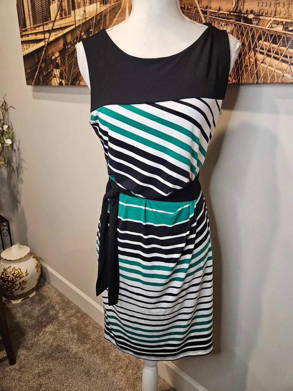 New York & Co Sleeveless Striped Belted Dress