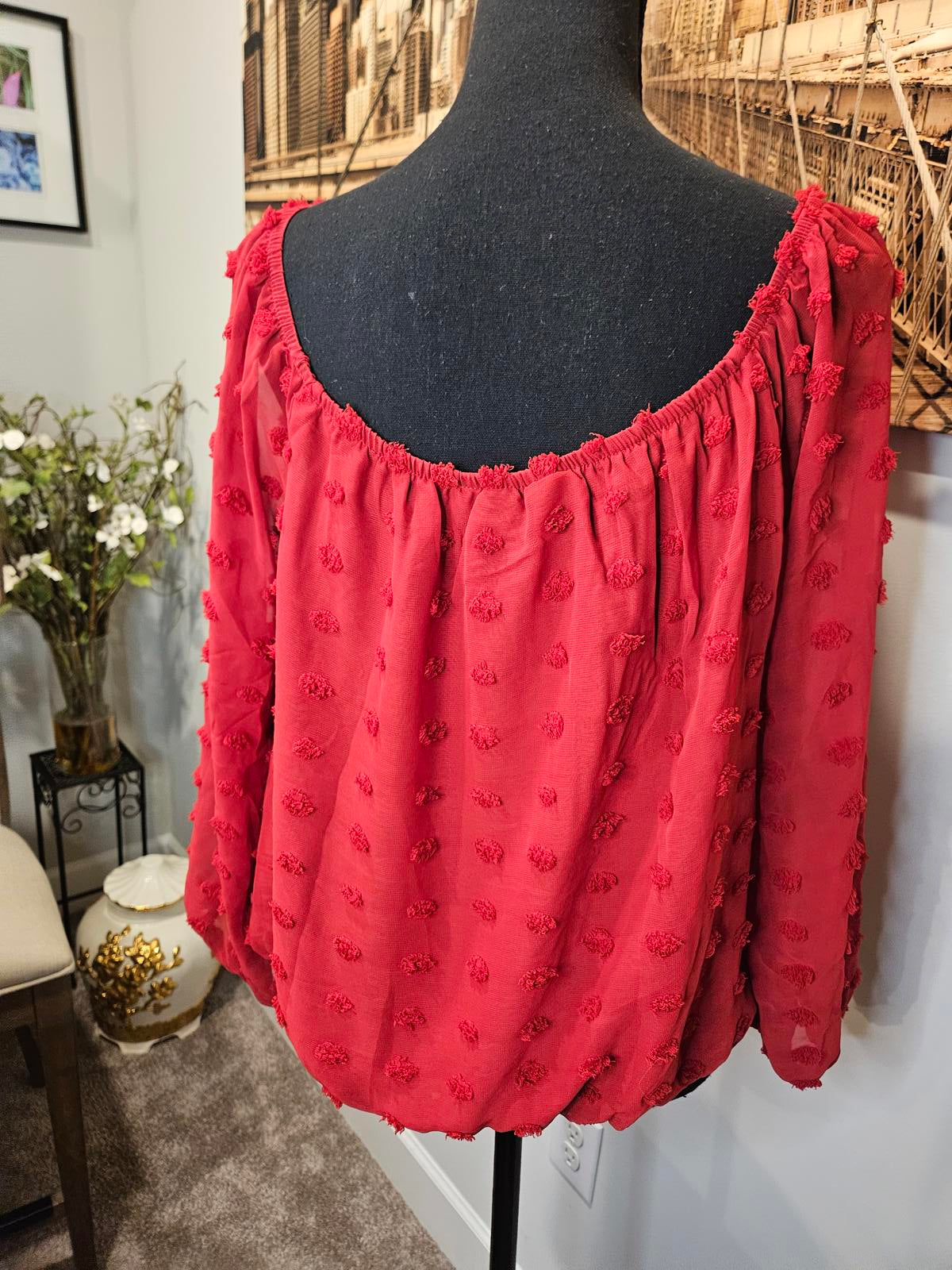 New York & Co. Red Textured Long Sleeve Blouse 744