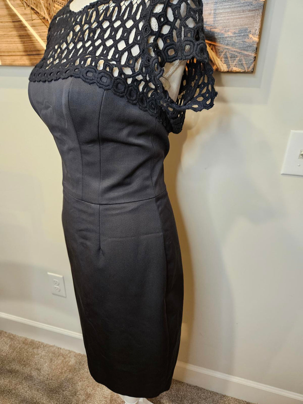 Lela Rose Elegant Black Dress with Crochet Lace Detail #H63
