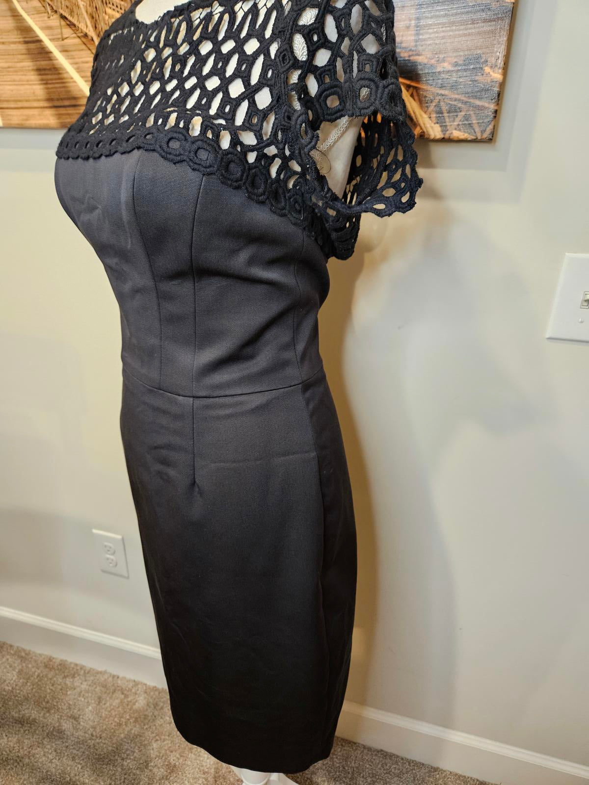 Lela Rose Elegant Black Dress with Crochet Lace Detail #H63