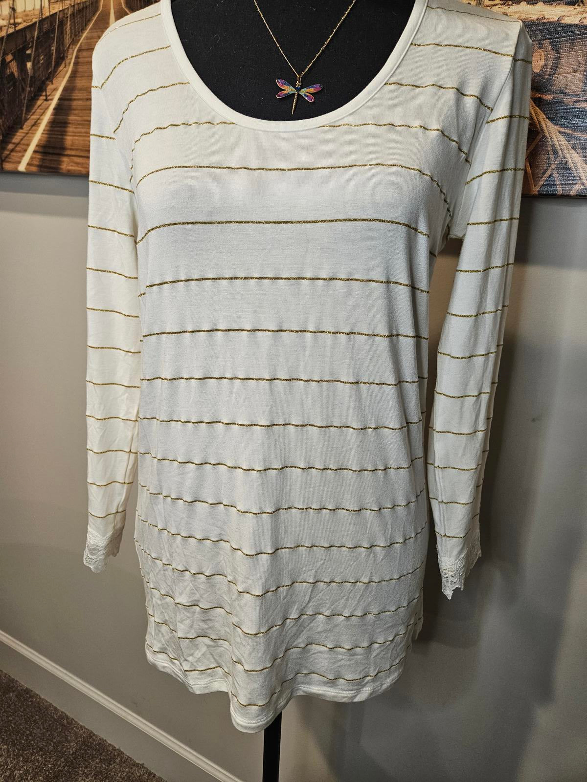 Matilda Jane Gold Striped Long Sleeve Top w/ Lace Trim #361