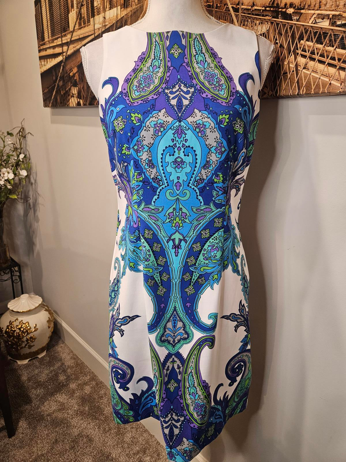 Kim Rogers Blue and Green Paisley Pattern Dress Size 6 H26