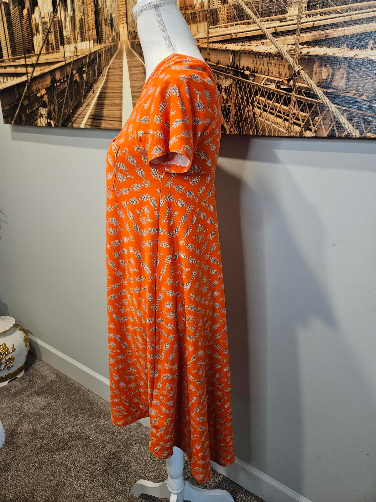 LulaRoe Orange Print Hi-low Short Sleeve with Pocket #366