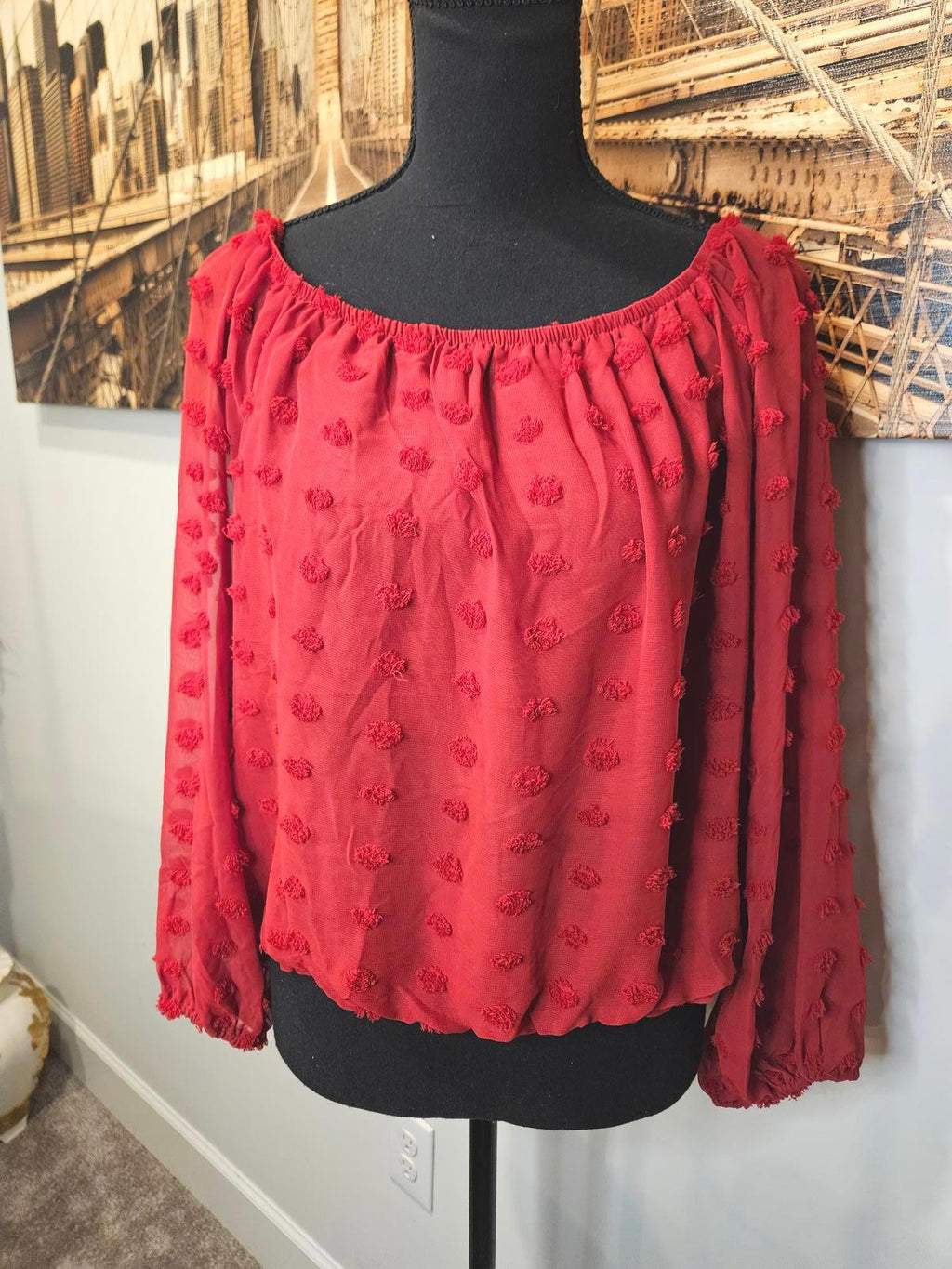 New York & Co. Red Textured Long Sleeve Blouse 744