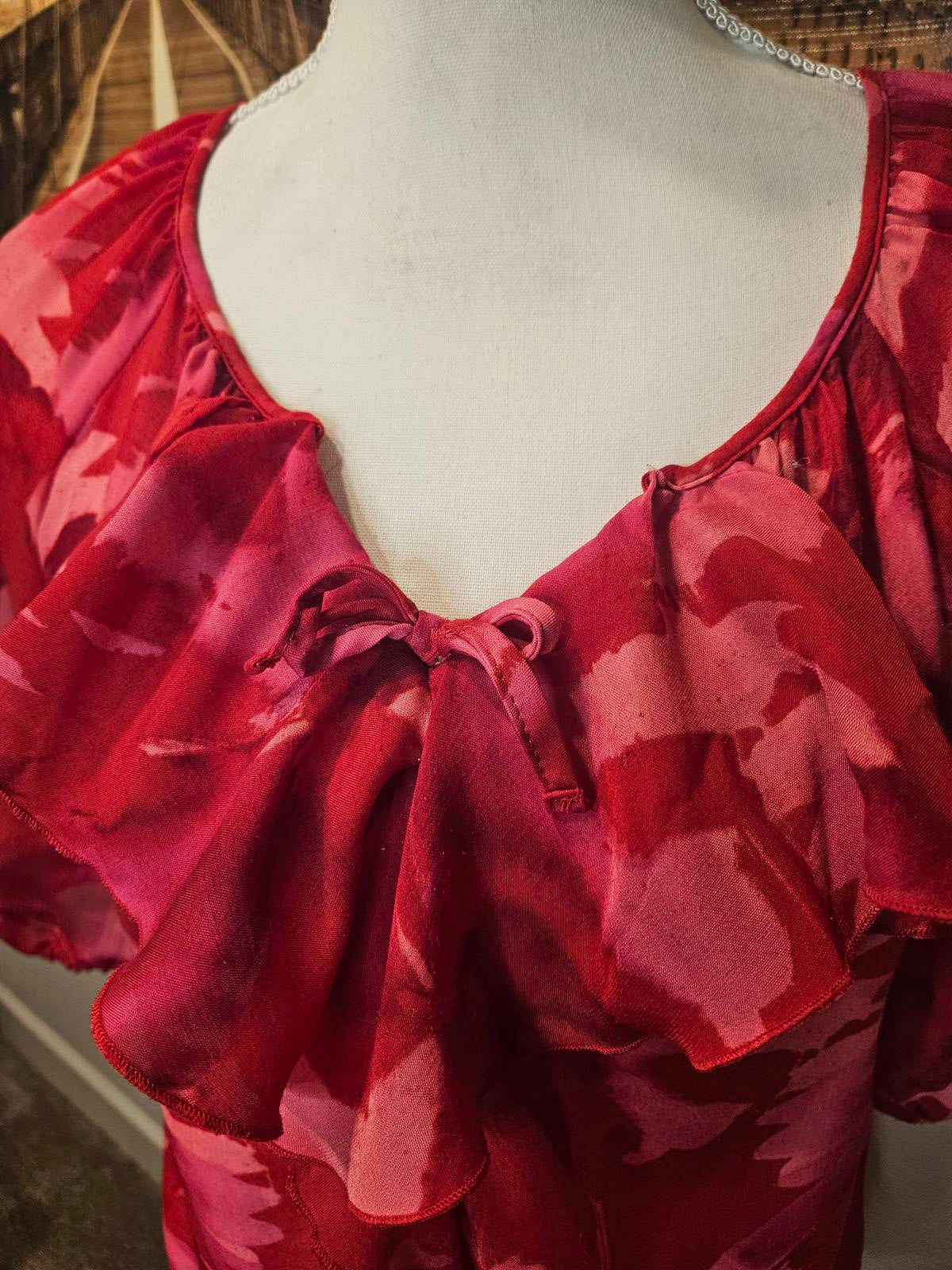 Loft Stylish Red Floral Blouse with Ruffles #448