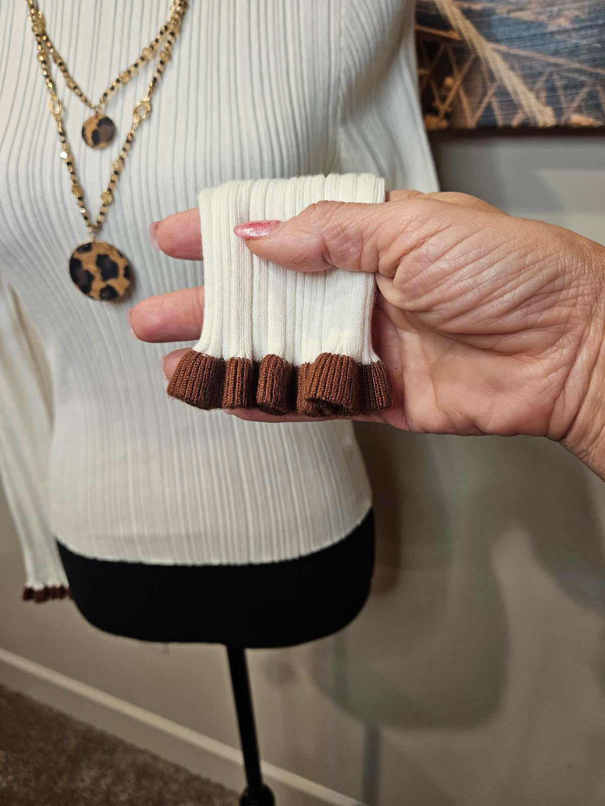 Molly Green White Ribbed Sweater with Brown Accents #473