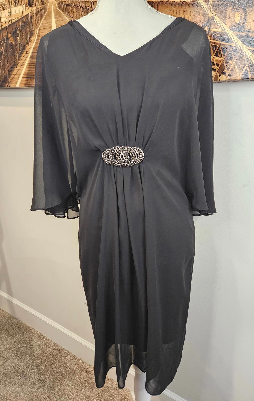 MSK Elegant Black Chiffon Dress with Beaded Brooch 1087