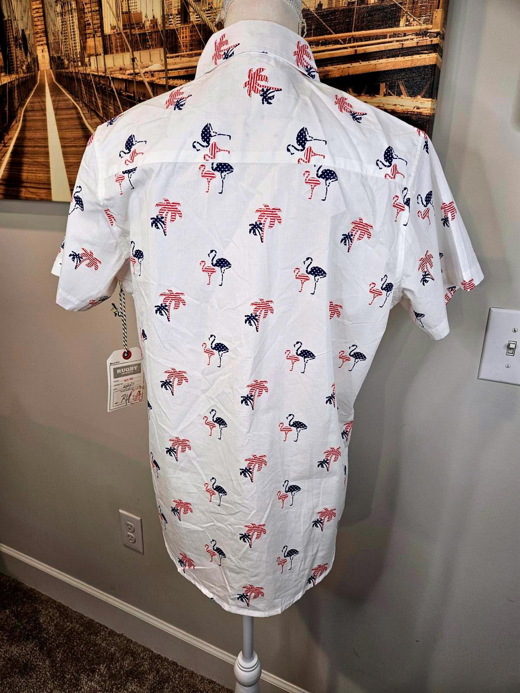 Men's Rugby University Patriotic Flamingo Print Shirt - Size SM 1008