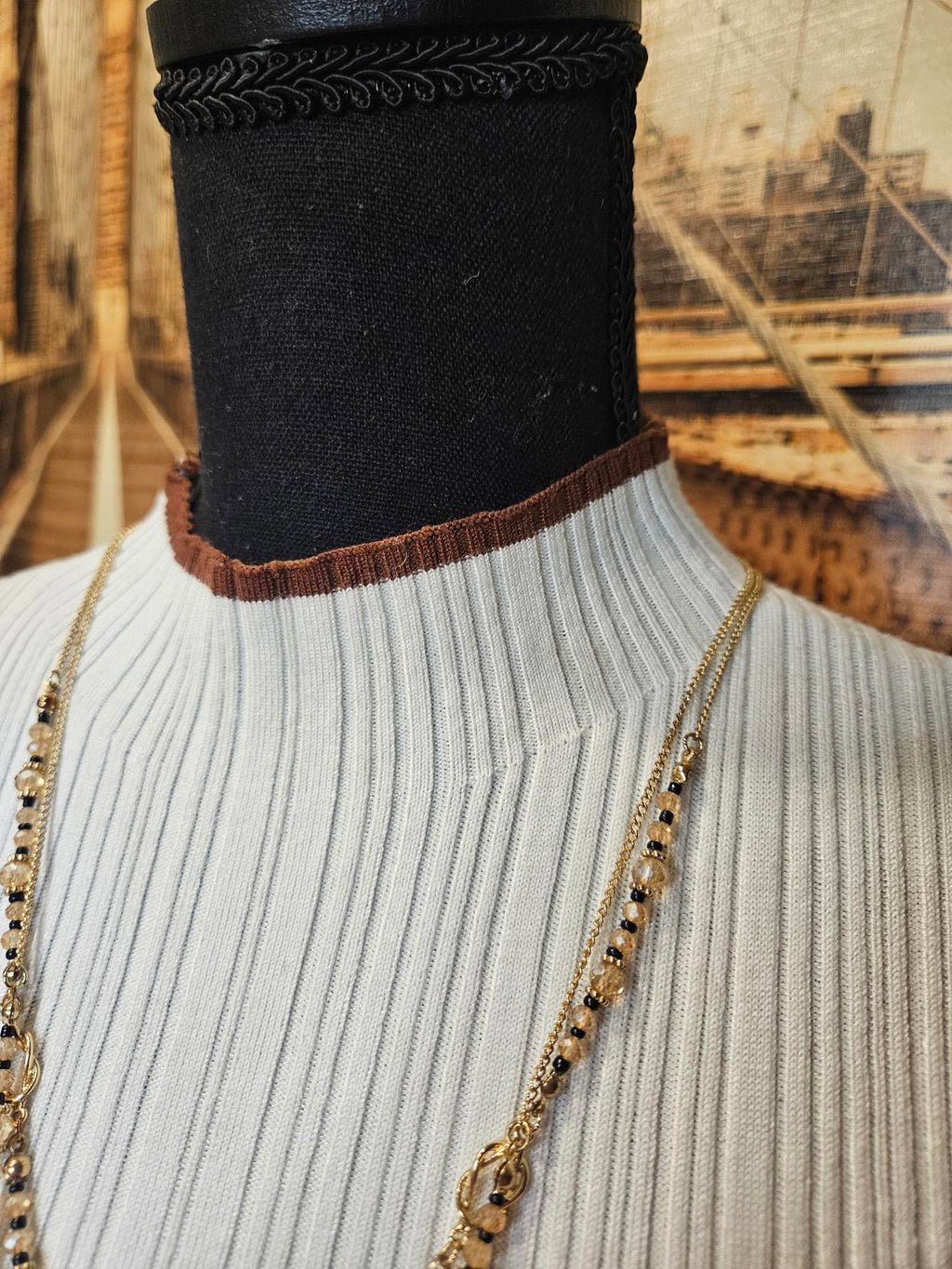 Molly Green White Ribbed Sweater with Brown Accents #473