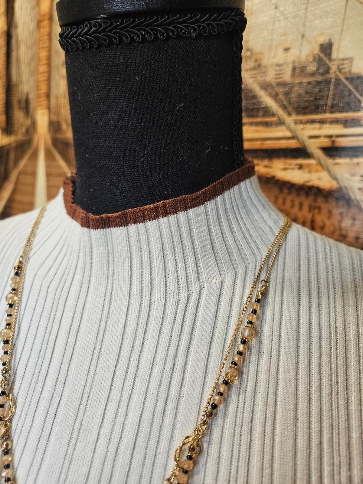 Molly Green White Ribbed Sweater with Brown Accents #473