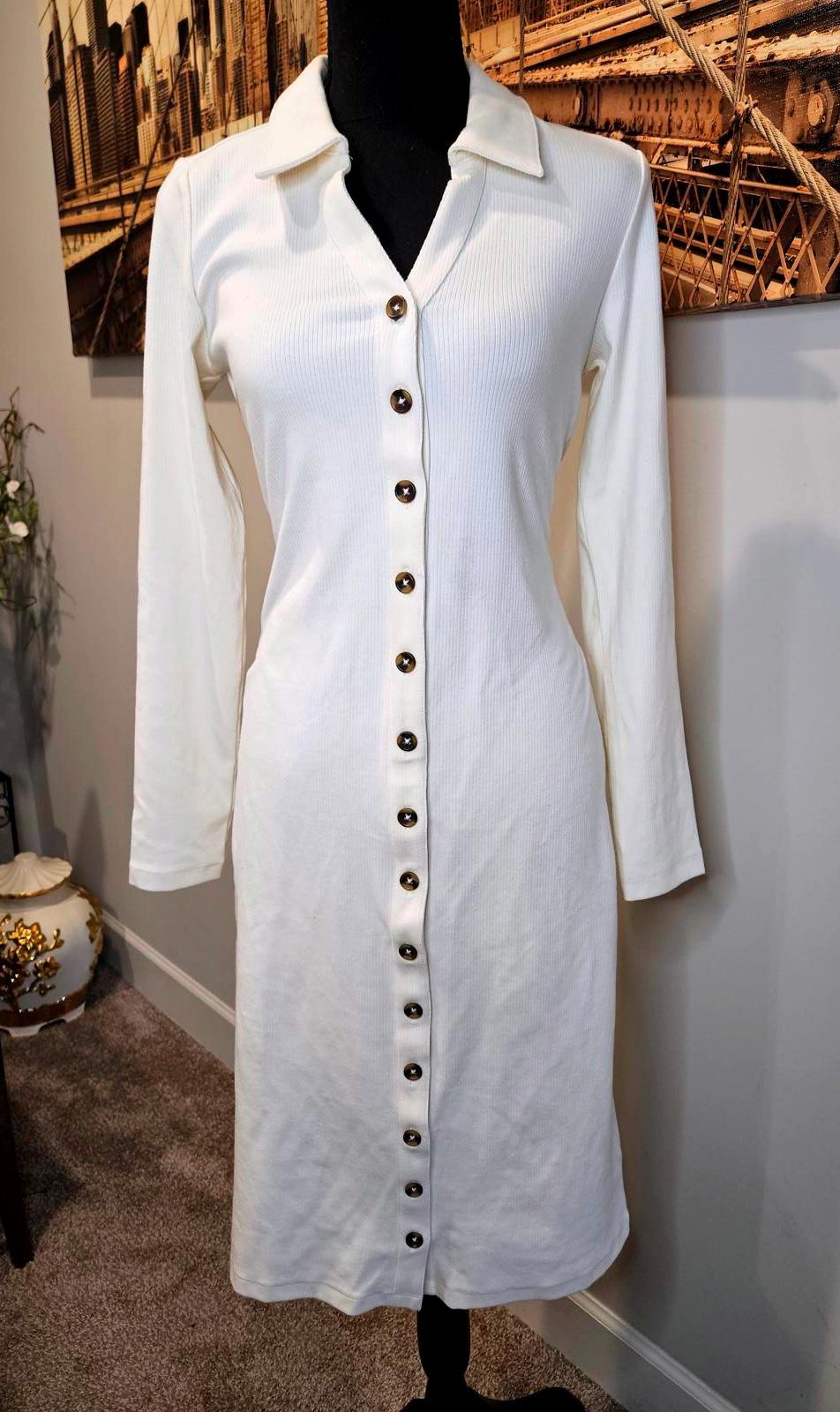 Lands' End Long Sleeve Button-Up Dress - Classic Cream Color 1182