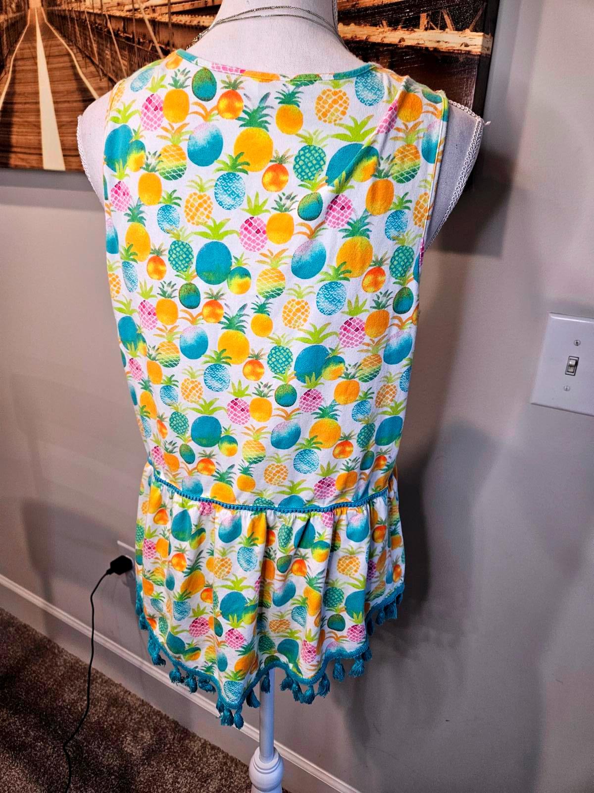 Crown & Ivy Colorful Pineapple Print Tank Top with Tassels #136