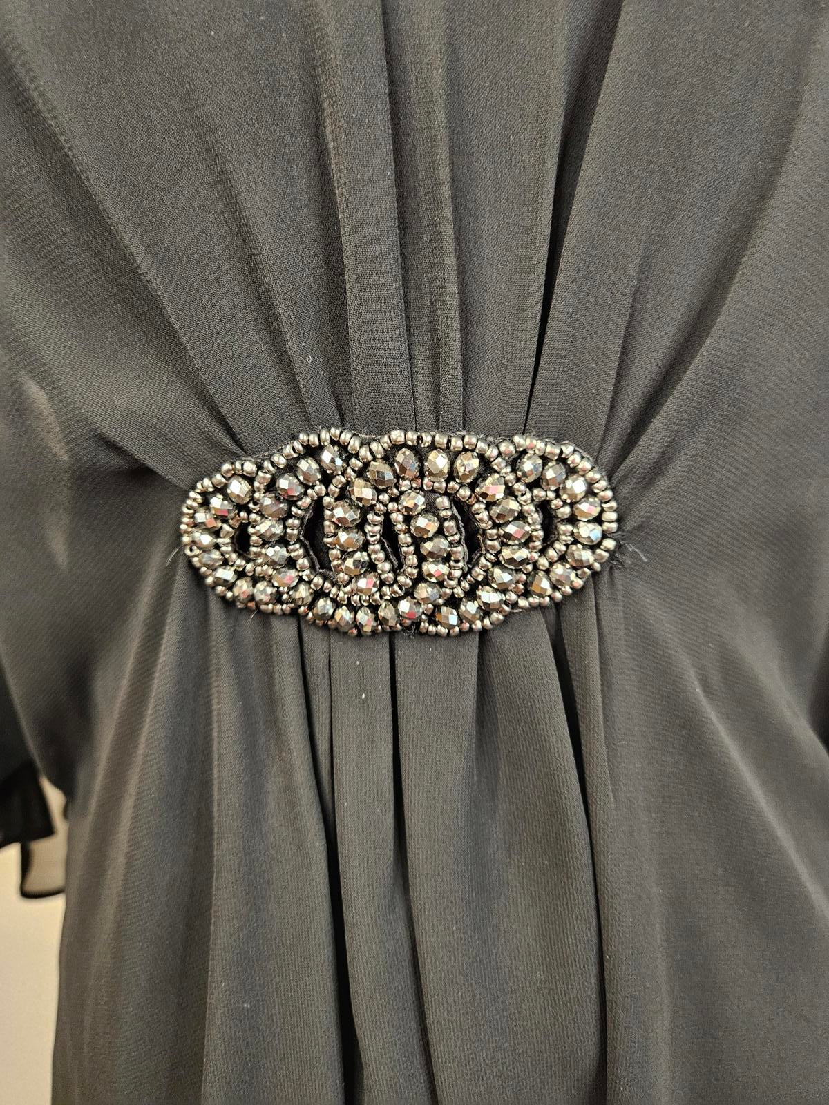 MSK Elegant Black Chiffon Dress with Beaded Brooch 1087