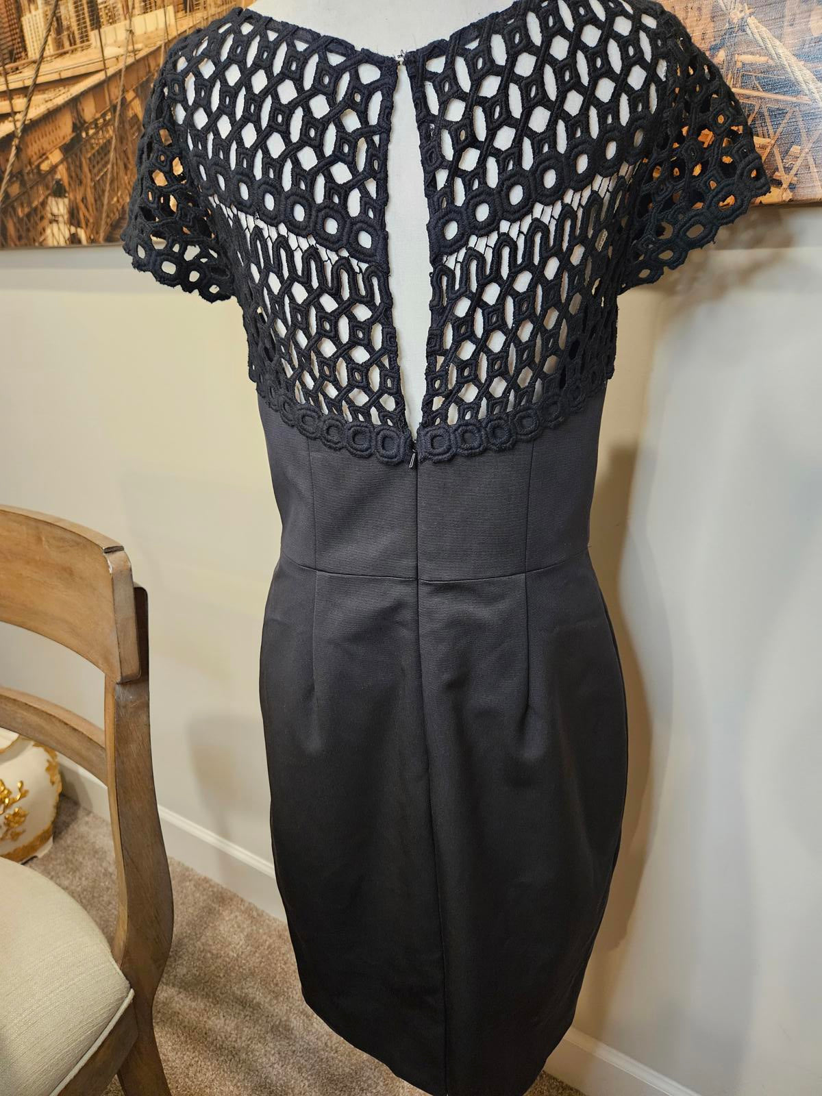 Lela Rose Elegant Black Dress with Crochet Lace Detail #H63