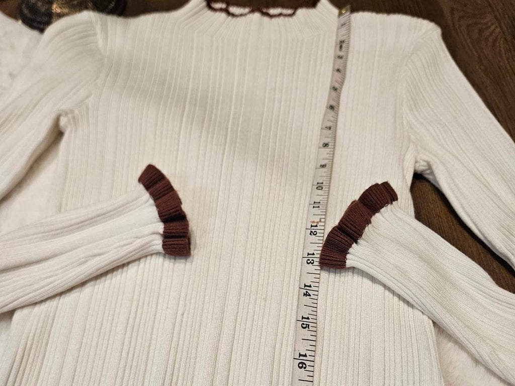 Molly Green White Ribbed Sweater with Brown Accents #473
