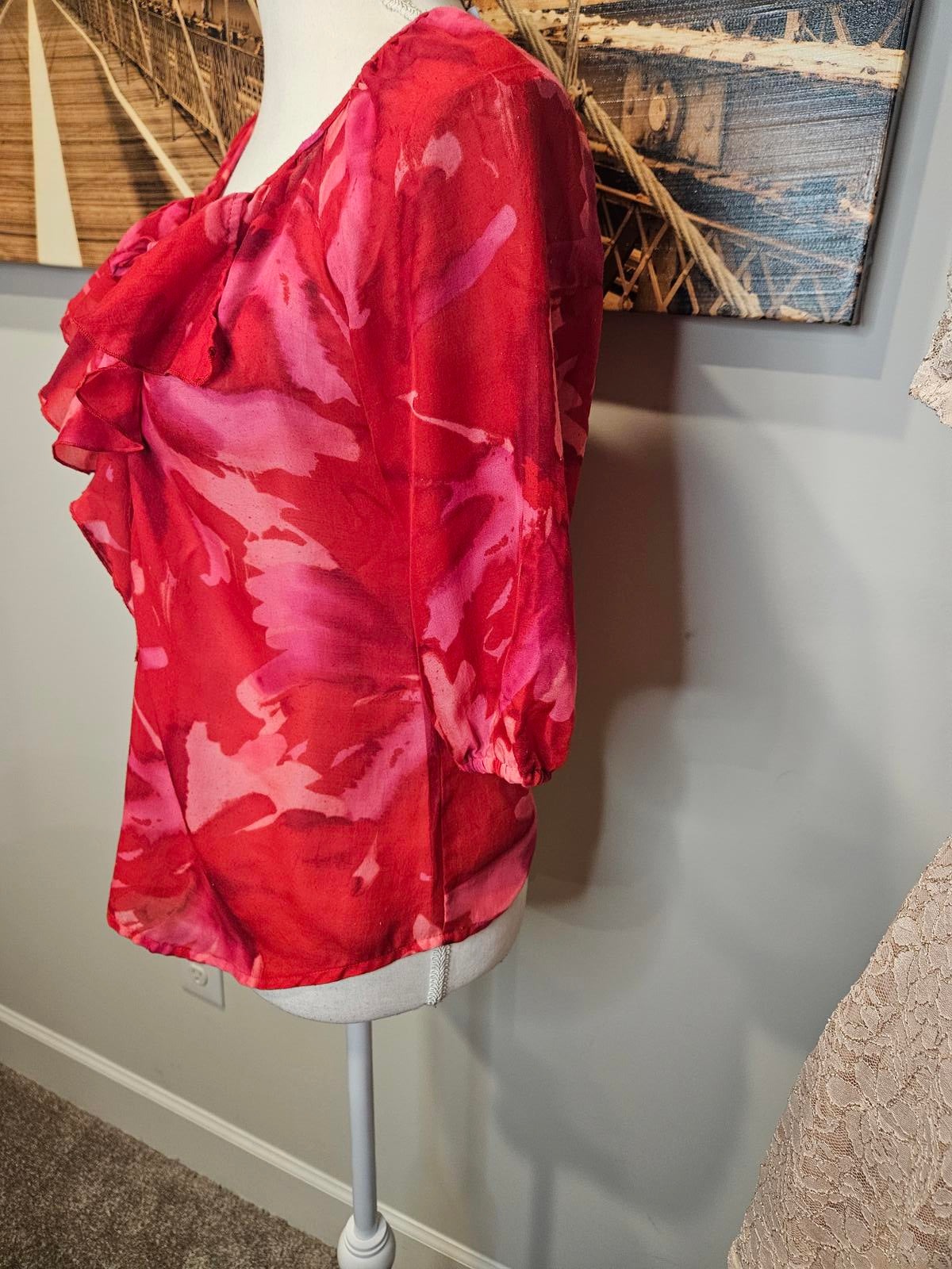 Loft Stylish Red Floral Blouse with Ruffles #448