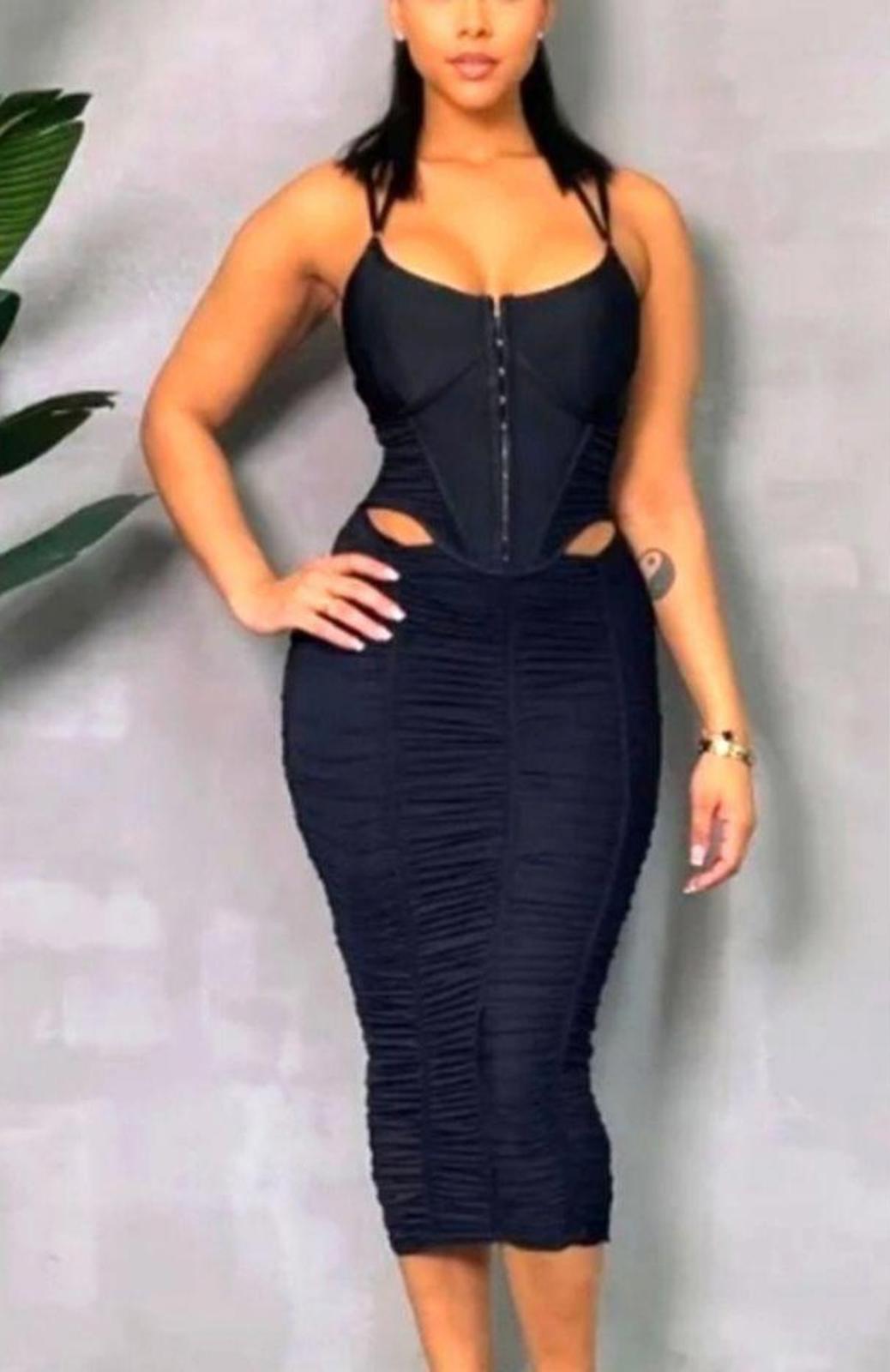 Nwot Love Highlight Black Ruched Midi Dress with Corset H29