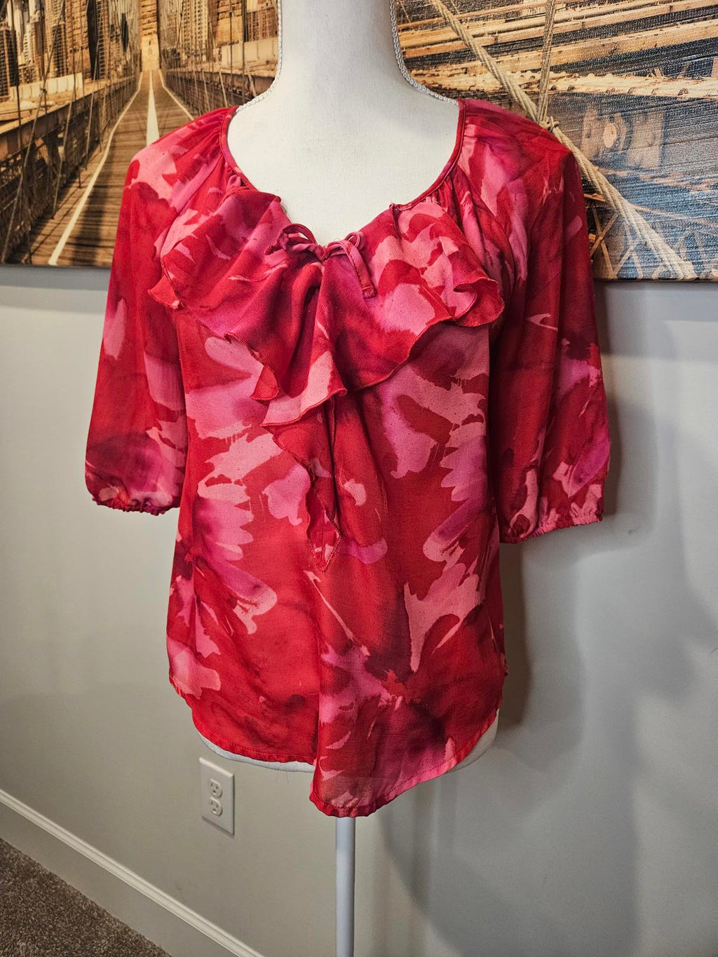 Loft Stylish Red Floral Blouse with Ruffles #448